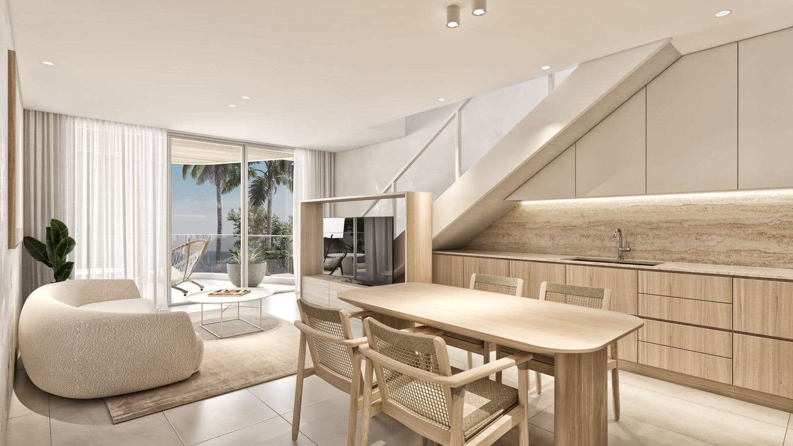 1-Bedroom Apartment with Balcony near Kite Beach, Cabarete — Open living & dining area